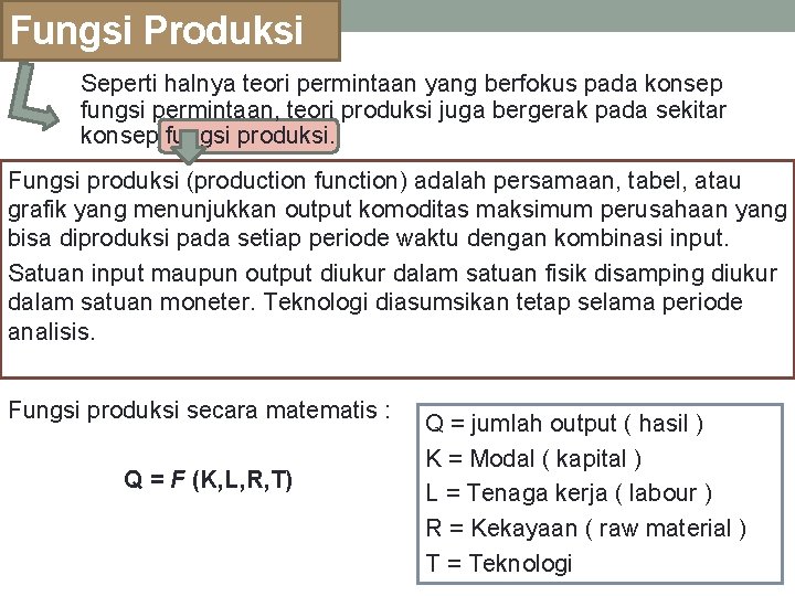 Fungsi Produksi Seperti halnya teori permintaan yang berfokus pada konsep fungsi permintaan, teori produksi