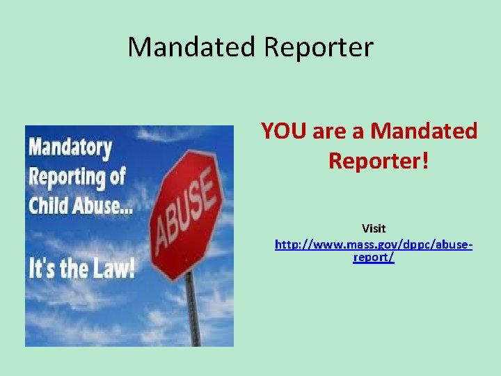 Mandated Reporter YOU are a Mandated Reporter! Visit http: //www. mass. gov/dppc/abusereport/ 