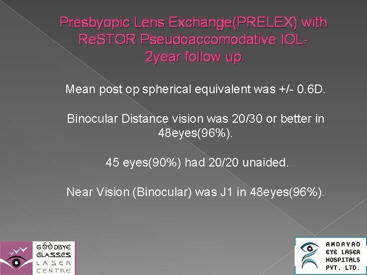Presbyopic Lens Exchange(PRELEX) with Re. STOR Pseudoaccomodative IOL 2 year follow up. Mean post
