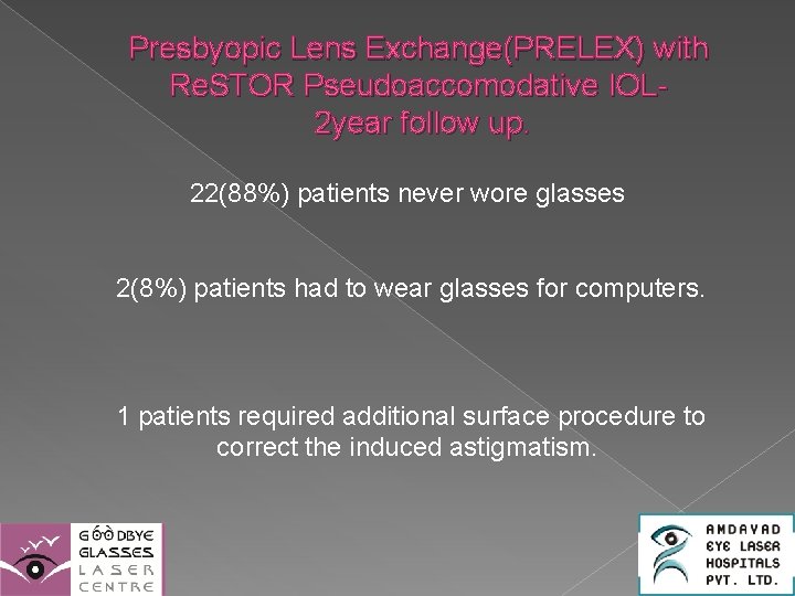 Presbyopic Lens Exchange(PRELEX) with Re. STOR Pseudoaccomodative IOL 2 year follow up. 22(88%) patients