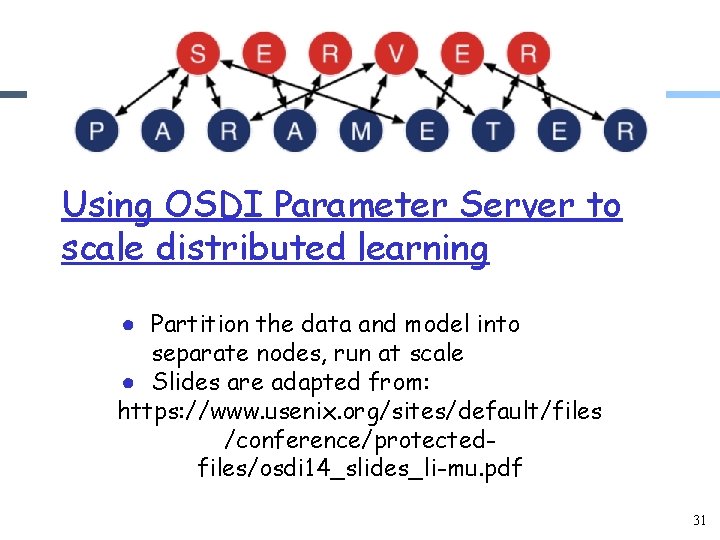 Using OSDI Parameter Server to scale distributed learning ● Partition the data and model