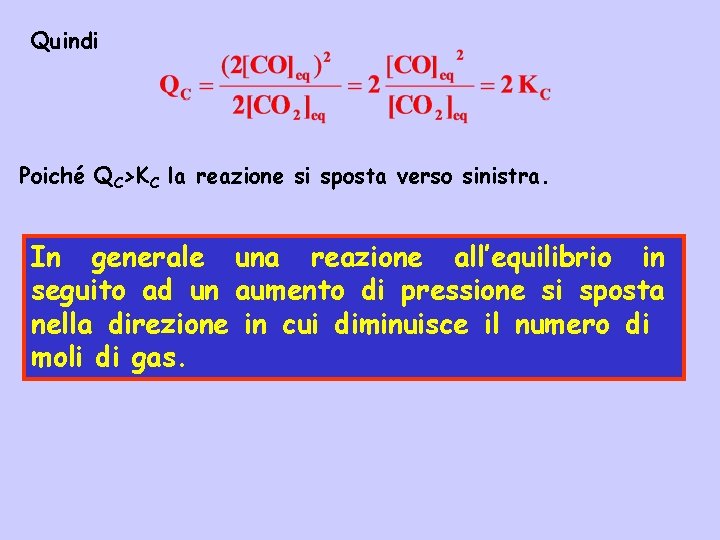 Quindi Poiché QC>KC la reazione si sposta verso sinistra. In generale una reazione all’equilibrio