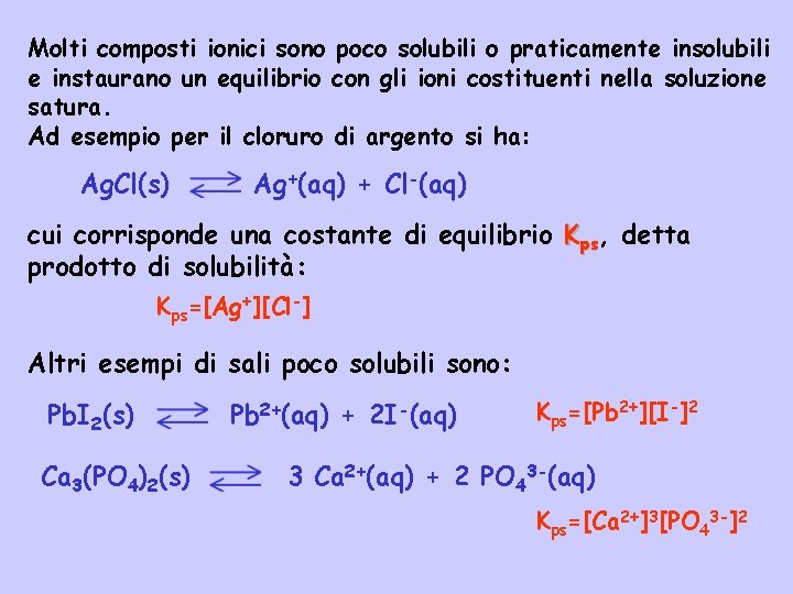 Molti composti ionici sono poco solubili o praticamente insolubili e instaurano un equilibrio con