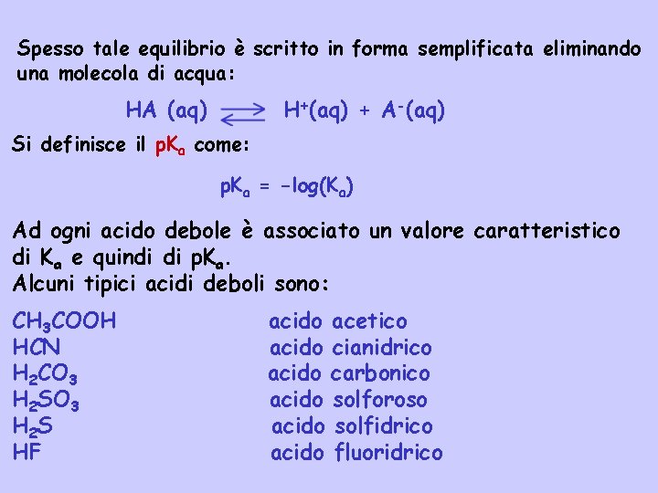 Spesso tale equilibrio è scritto in forma semplificata eliminando una molecola di acqua: HA