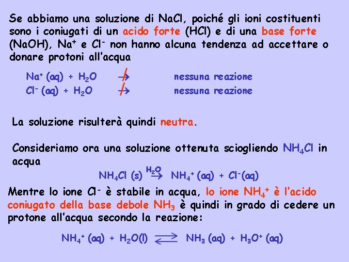 Se abbiamo una soluzione di Na. Cl, poiché gli ioni costituenti sono i coniugati