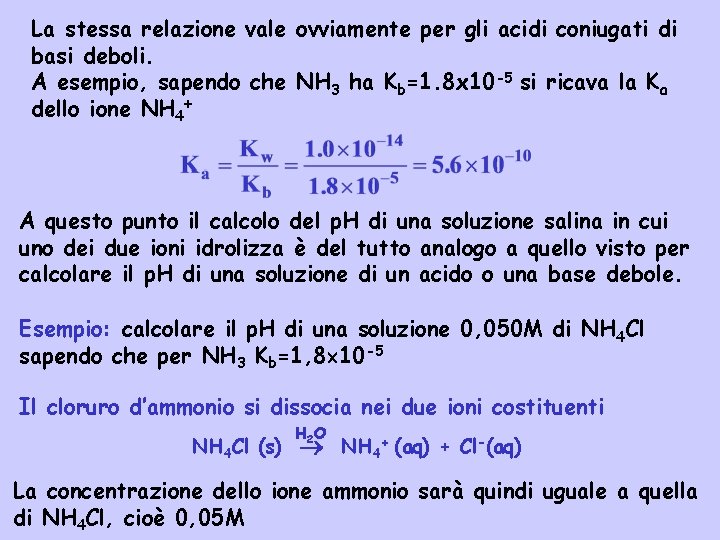 La stessa relazione vale ovviamente per gli acidi coniugati di basi deboli. A esempio,