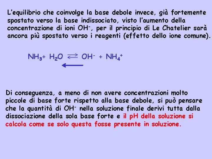 L’equilibrio che coinvolge la base debole invece, già fortemente spostato verso la base indissociato,