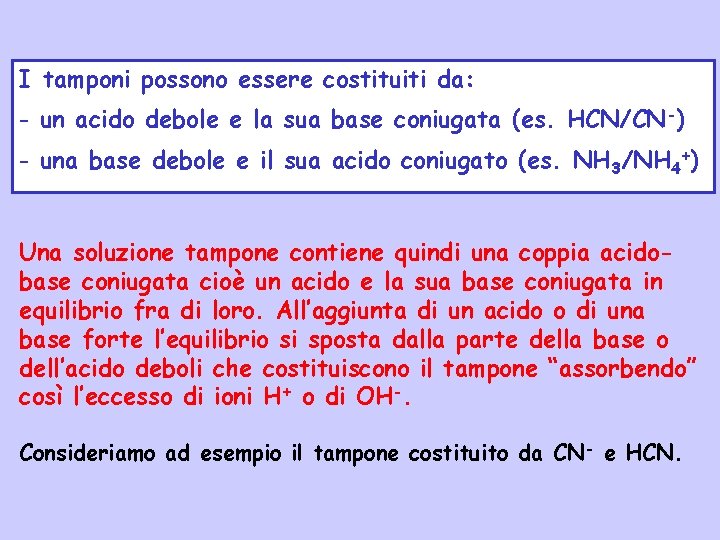 I tamponi possono essere costituiti da: - un acido debole e la sua base