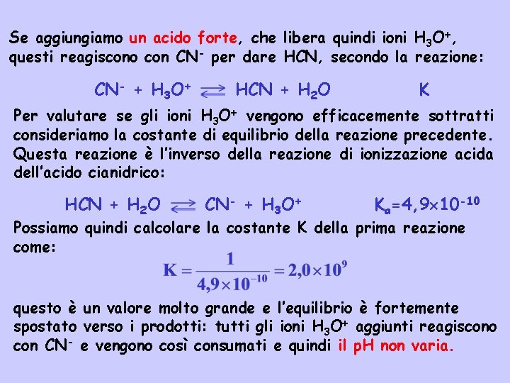 Se aggiungiamo un acido forte, che libera quindi ioni H 3 O+, questi reagiscono