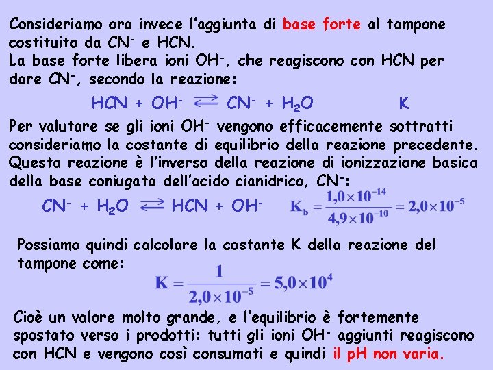 Consideriamo ora invece l’aggiunta di base forte al tampone costituito da CN- e HCN.