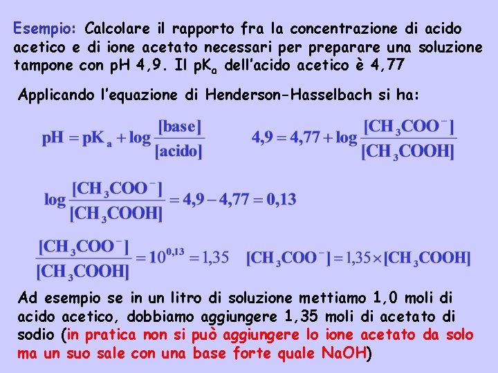 Esempio: Calcolare il rapporto fra la concentrazione di acido acetico e di ione acetato