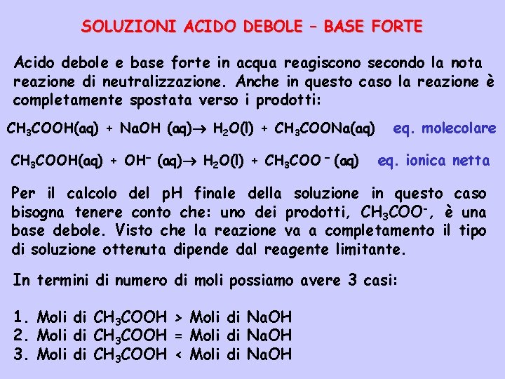 SOLUZIONI ACIDO DEBOLE – BASE FORTE Acido debole e base forte in acqua reagiscono