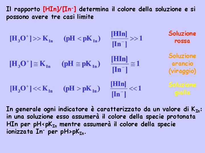 Il rapporto [HIn]/[In-] determina il colore della soluzione e si possono avere tre casi