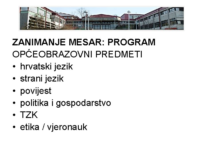 ZANIMANJE MESAR: PROGRAM OPĆEOBRAZOVNI PREDMETI • hrvatski jezik • strani jezik • povijest •