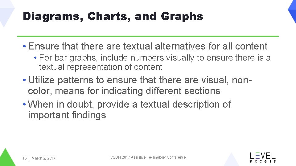 Diagrams, Charts, and Graphs • Ensure that there are textual alternatives for all content