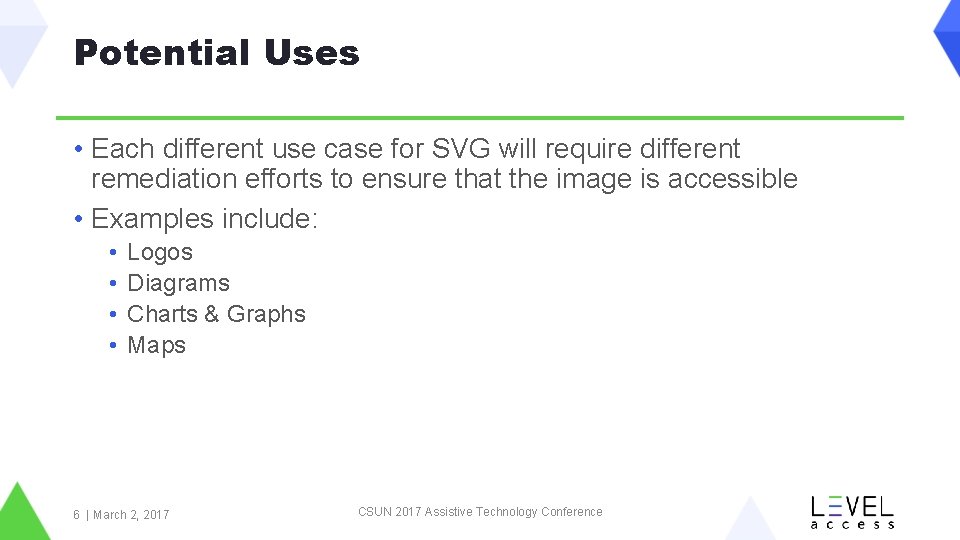 Potential Uses • Each different use case for SVG will require different remediation efforts