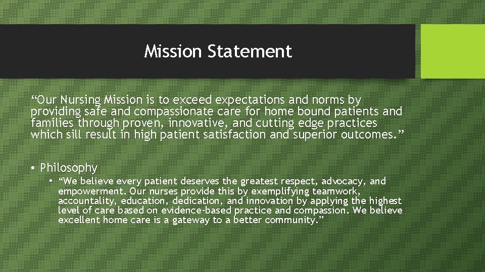 Mission Statement “Our Nursing Mission is to exceed expectations and norms by providing safe