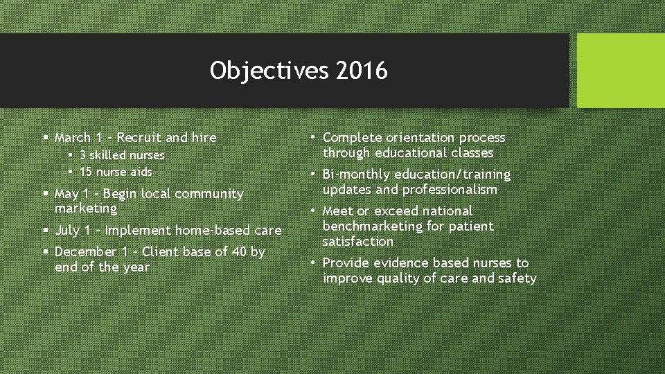 Objectives 2016 § March 1 – Recruit and hire § 3 skilled nurses §