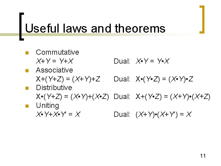 Useful laws and theorems n n Commutative X+Y = Y+X Associative X+(Y+Z) = (X+Y)+Z