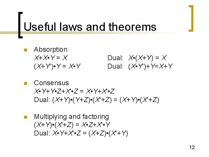 Useful laws and theorems n Absorption X+X • Y = X (X+Y') • Y