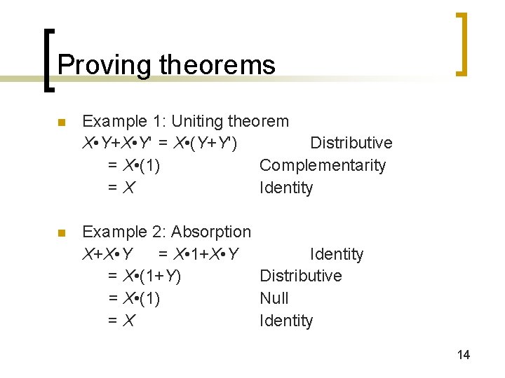 Proving theorems n Example 1: Uniting theorem X • Y+X • Y' = X
