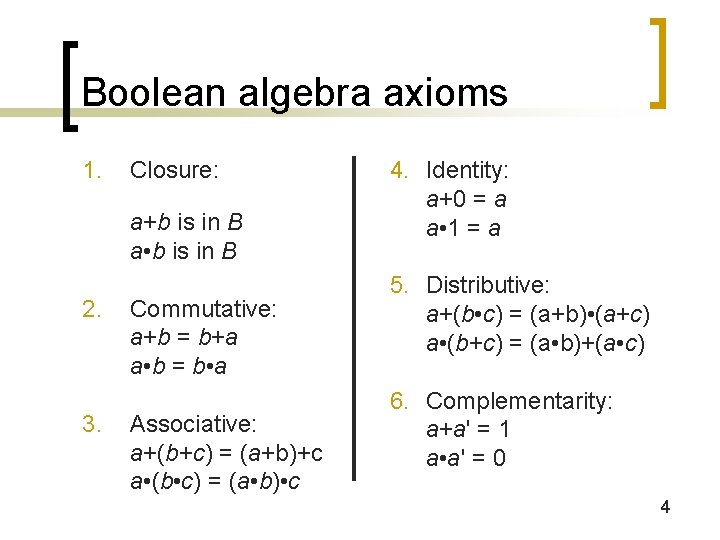 Boolean algebra axioms 1. Closure: a+b is in B a • b is in