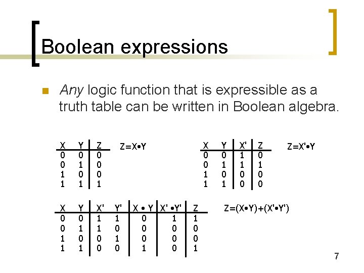 Boolean expressions n Any logic function that is expressible as a truth table can