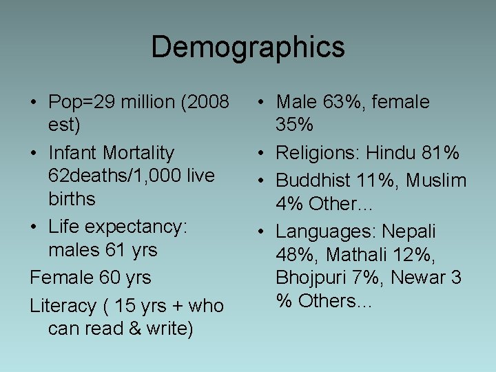 Demographics • Pop=29 million (2008 est) • Infant Mortality 62 deaths/1, 000 live births