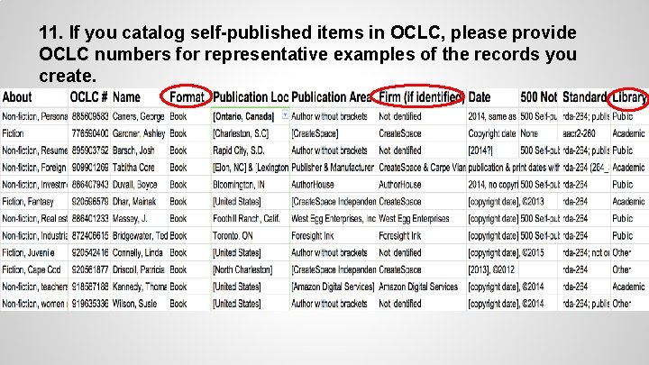 11. If you catalog self-published items in OCLC, please provide OCLC numbers for representative