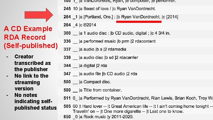 A CD Example RDA Record (Self-published) - Creator transcribed as the publisher No link