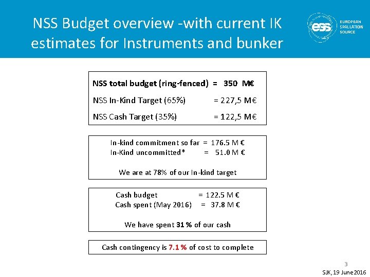 NSS Budget overview -with current IK estimates for Instruments and bunker NSS total budget