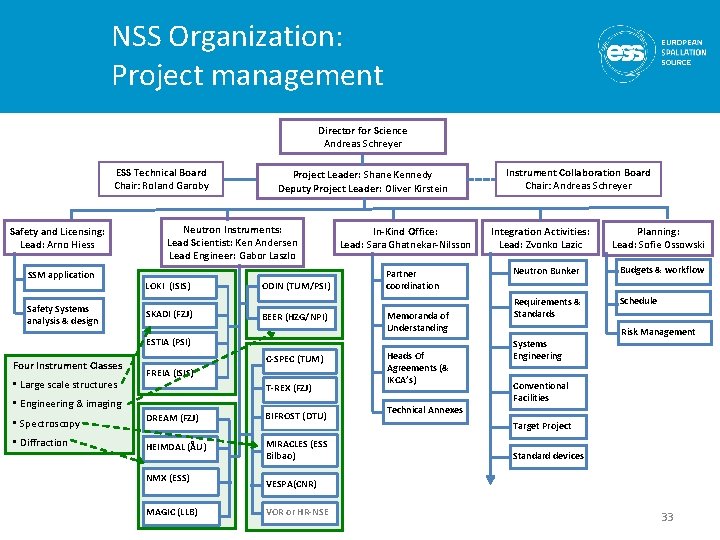 NSS Organization: Project management Director for Science Andreas Schreyer ESS Technical Board Chair: Roland