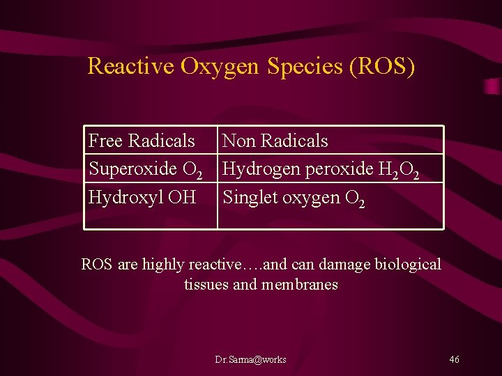 Reactive Oxygen Species (ROS) Free Radicals Superoxide O 2 Hydroxyl OH Non Radicals Hydrogen