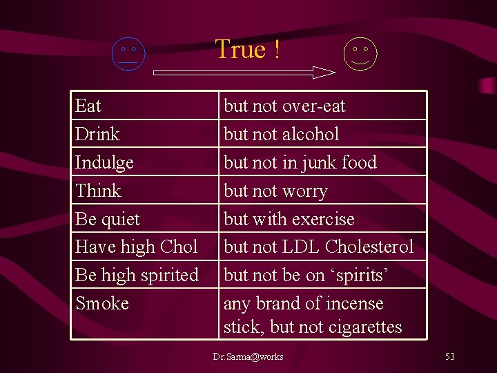 True ! Eat Drink Indulge Think Be quiet Have high Chol Be high spirited