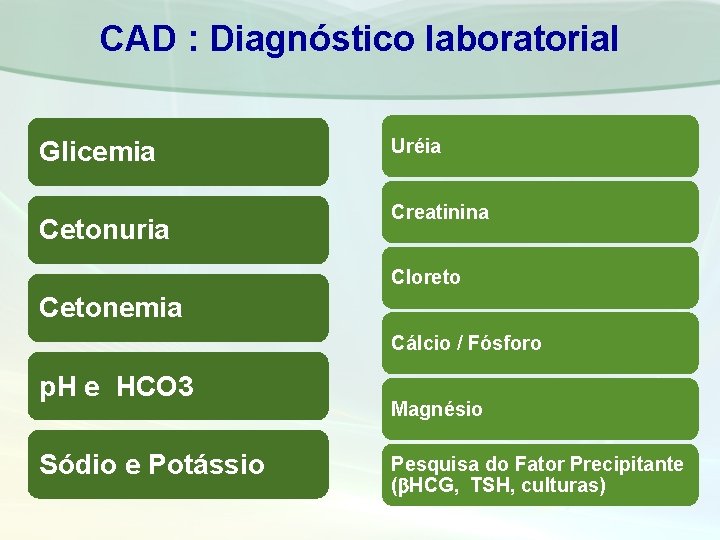 CAD : Diagnóstico laboratorial Glicemia Cetonuria Uréia Creatinina Cloreto Cetonemia Cálcio / Fósforo p.