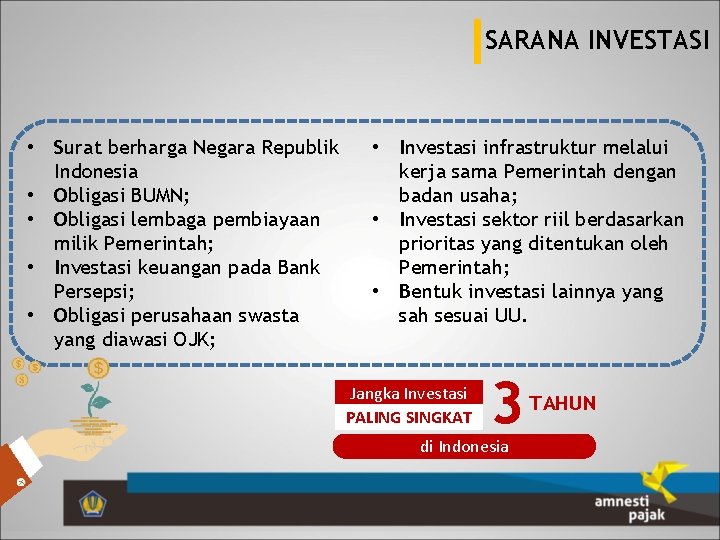 SARANA INVESTASI • Surat berharga Negara Republik Indonesia • Obligasi BUMN; • Obligasi lembaga