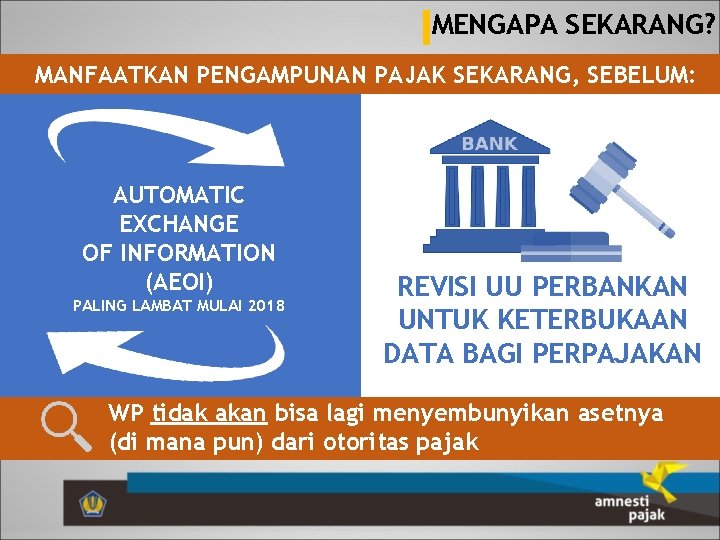 MENGAPA SEKARANG? MANFAATKAN PENGAMPUNAN PAJAK SEKARANG, SEBELUM: AUTOMATIC EXCHANGE OF INFORMATION (AEOI) PALING LAMBAT