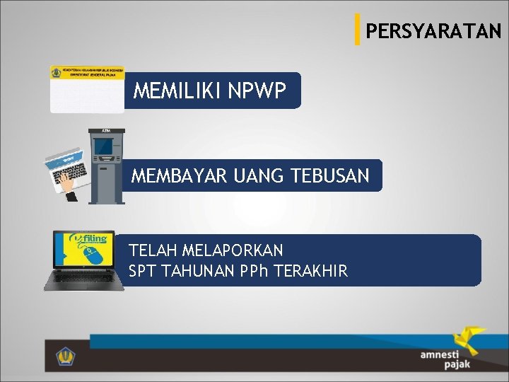 PERSYARATAN MEMILIKI NPWP MEMBAYAR UANG TEBUSAN TELAH MELAPORKAN SPT TAHUNAN PPh TERAKHIR 