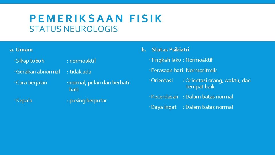 PEMERIKSAAN FISIK STATUS NEUROLOGIS b. Status Psikiatri a. Umum Sikap tubuh : normoaktif Tingkah