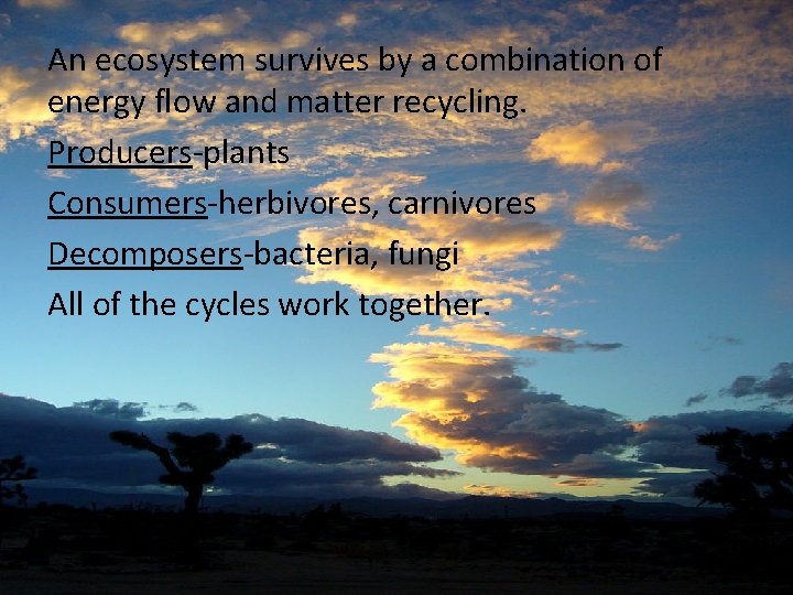 An ecosystem survives by a combination of energy flow and matter recycling. Producers-plants Consumers-herbivores,