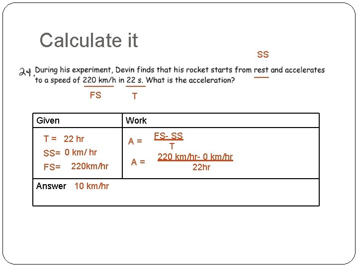 Calculate it ______ FS Given T = 22 hr SS= 0 km/ hr FS=