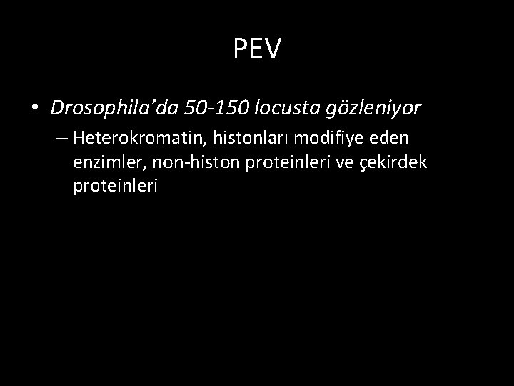 PEV • Drosophila’da 50 -150 locusta gözleniyor – Heterokromatin, histonları modifiye eden enzimler, non-histon