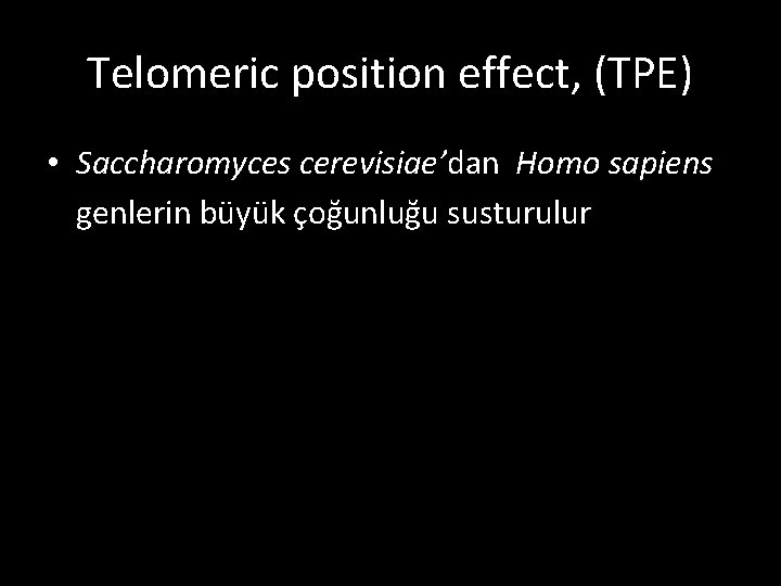 Telomeric position effect, (TPE) • Saccharomyces cerevisiae’dan Homo sapiens genlerin büyük çoğunluğu susturulur 