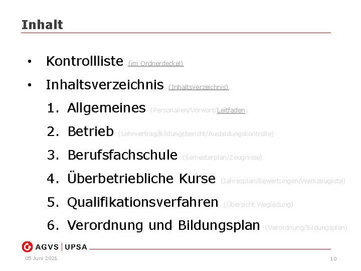 Inhalt • Kontrollliste • Inhaltsverzeichnis (im Ordnerdeckel) 1. Allgemeines 2. Betrieb (Inhaltsverzeichnis) (Personalien/Vorwort/Leitfaden) (Lehrvertrag/Bildungsbericht/Ausbildungskontrolle)