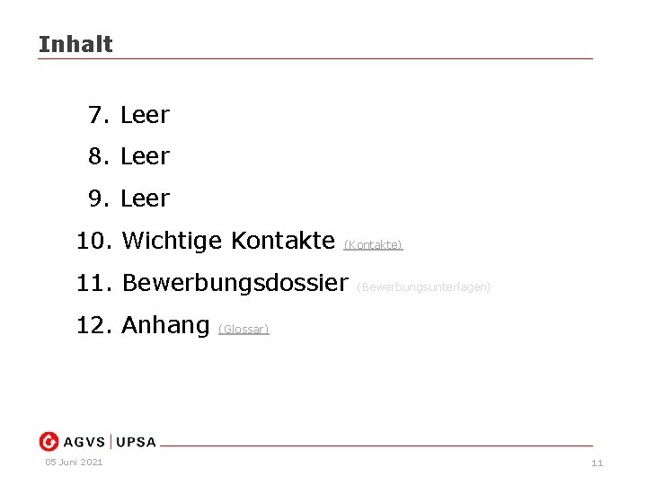 Inhalt 7. Leer 8. Leer 9. Leer 10. Wichtige Kontakte (Kontakte) 11. Bewerbungsdossier 12.