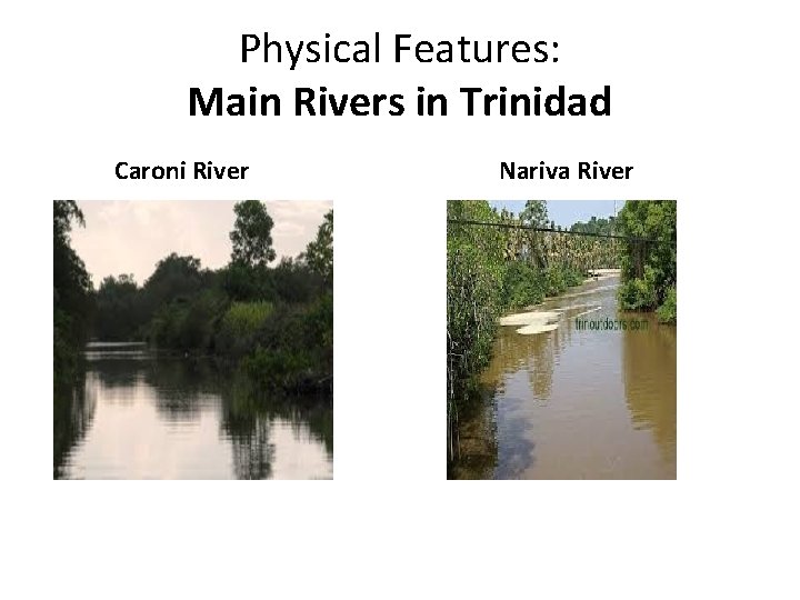 Physical Features: Main Rivers in Trinidad Caroni River Nariva River  Physical Features: Main Rivers in Trinidad Caroni River Nariva River