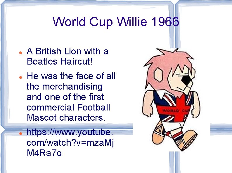 World Cup Willie 1966 A British Lion with a Beatles Haircut! He was the