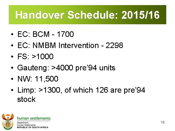 Handover Schedule: 2015/16 • • • EC: BCM - 1700 EC: NMBM Intervention -
