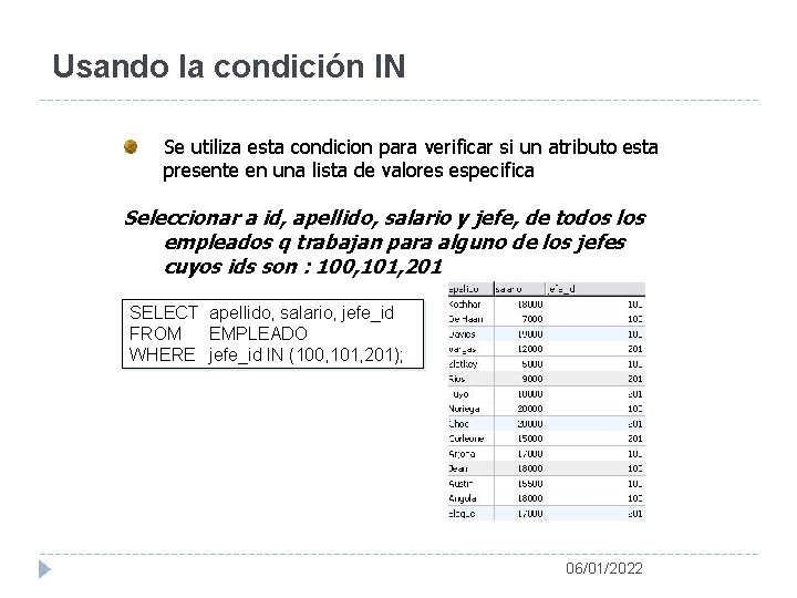 Usando la condición IN Se utiliza esta condicion para verificar si un atributo esta Usando la condición IN Se utiliza esta condicion para verificar si un atributo esta