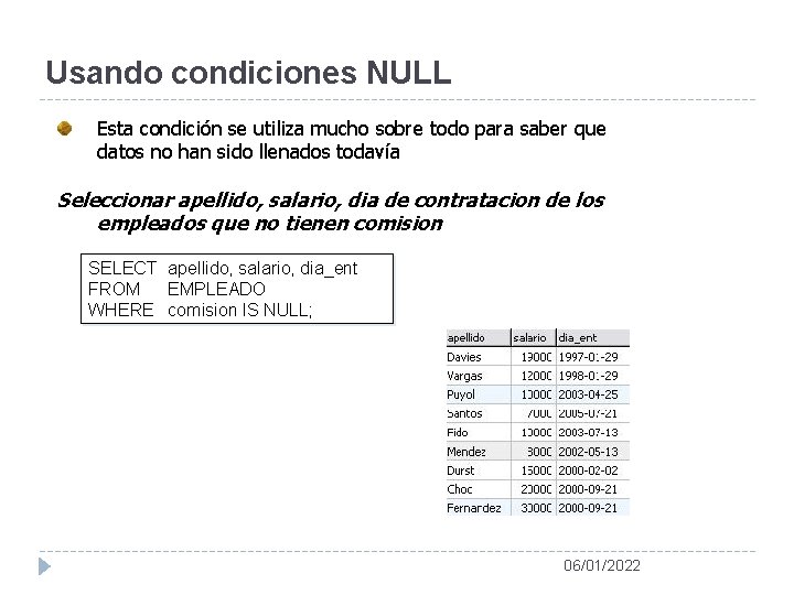 Usando condiciones NULL Esta condición se utiliza mucho sobre todo para saber que datos Usando condiciones NULL Esta condición se utiliza mucho sobre todo para saber que datos